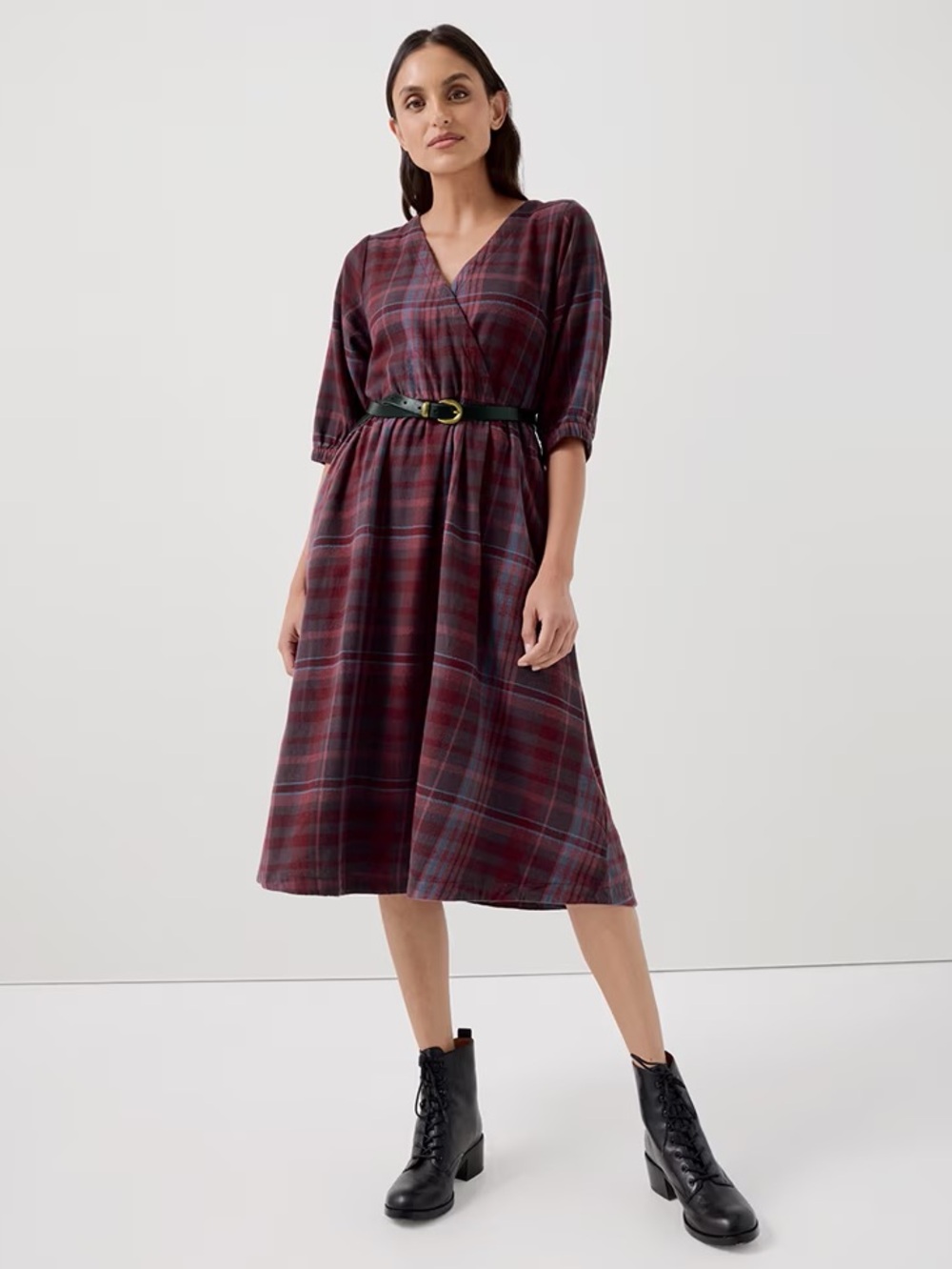 NWOT Pact Organic Cotton Fireside Flannel Crossover Dress - Eggplant Plaid - XL